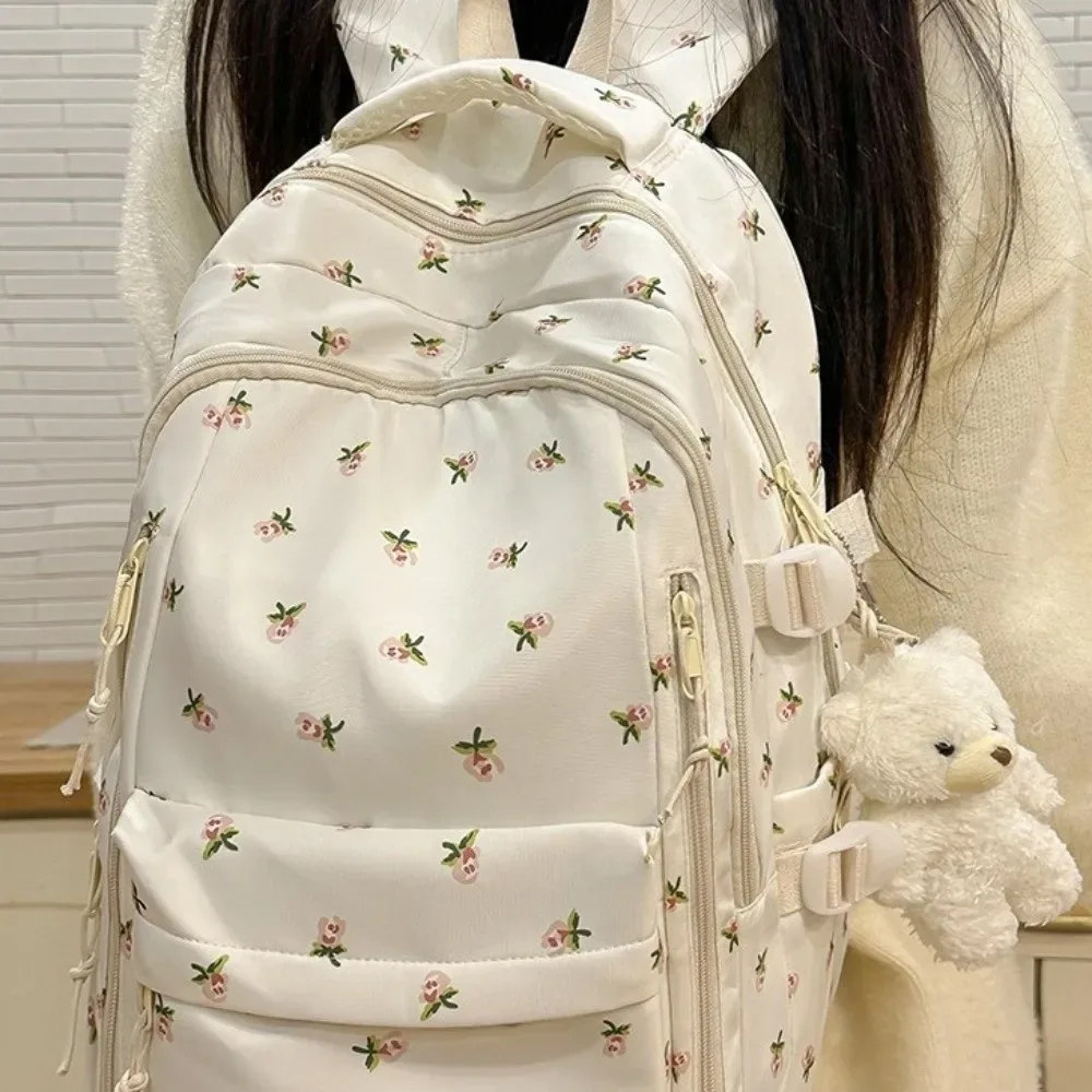 Sac à dos à imprimé floral de grande capacité, multi-poches, motif de nœud épaissi, sac d'école léger, sac à dos multi-compartiments, voyage