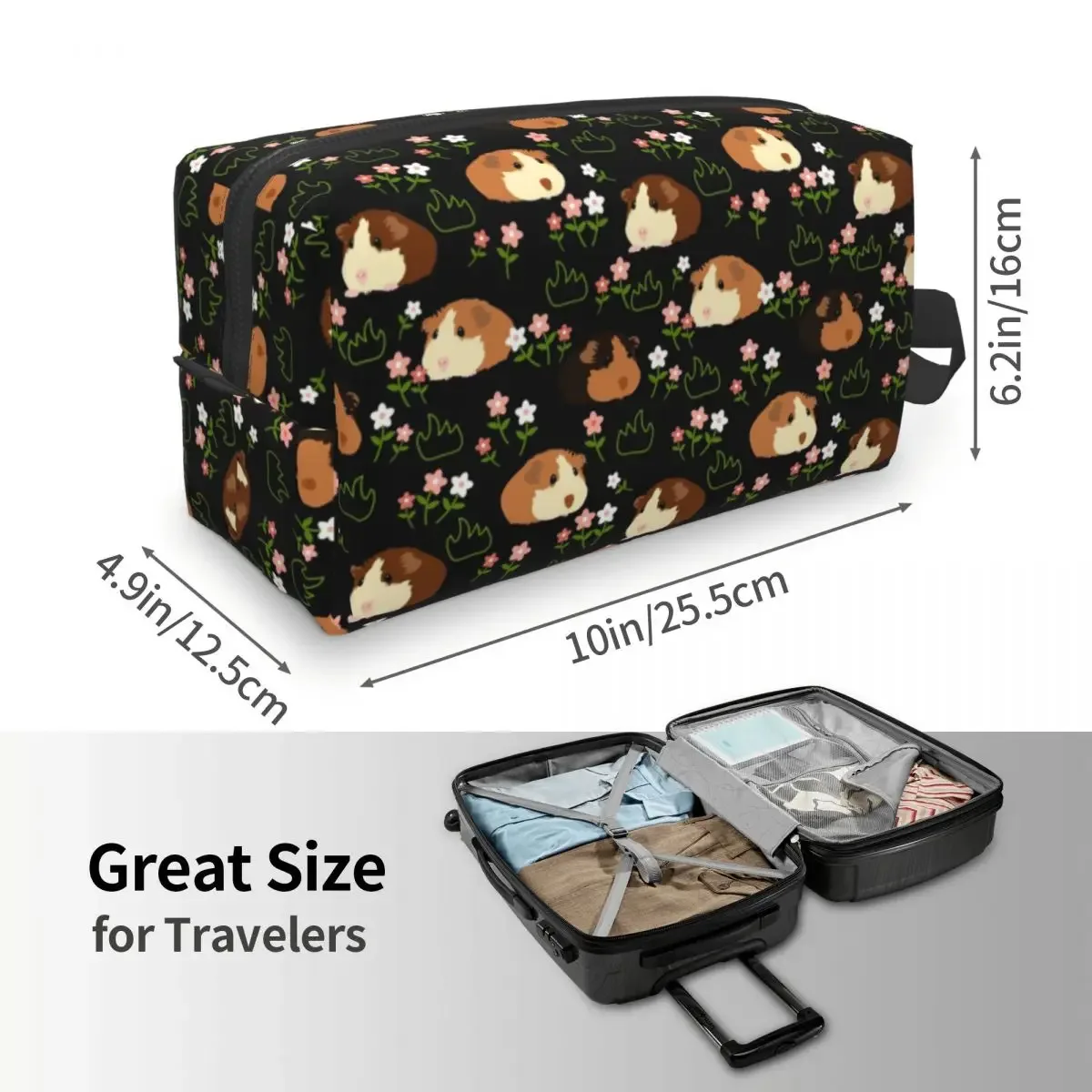 trousse de maquillage personnalisée cochon d'inde et fleurs pour femme, trousse de toilette de voyage cosmétique, rangement animal kawaii