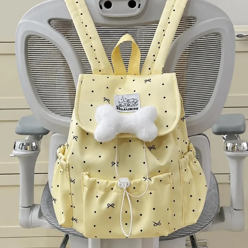 sac à dos à pois avec cordon de serrage, grande capacité, nœud décoratif, double bandoulière, ultra léger, en nylon, pour femmes, idéal pour les trajets quotidiens.