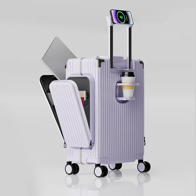 valise multifonctionnelle à ouverture frontale à trois ouvertures, nouveau style, matériau pc de 20 pouces avec poches doubles latérales, tra de grande capacité