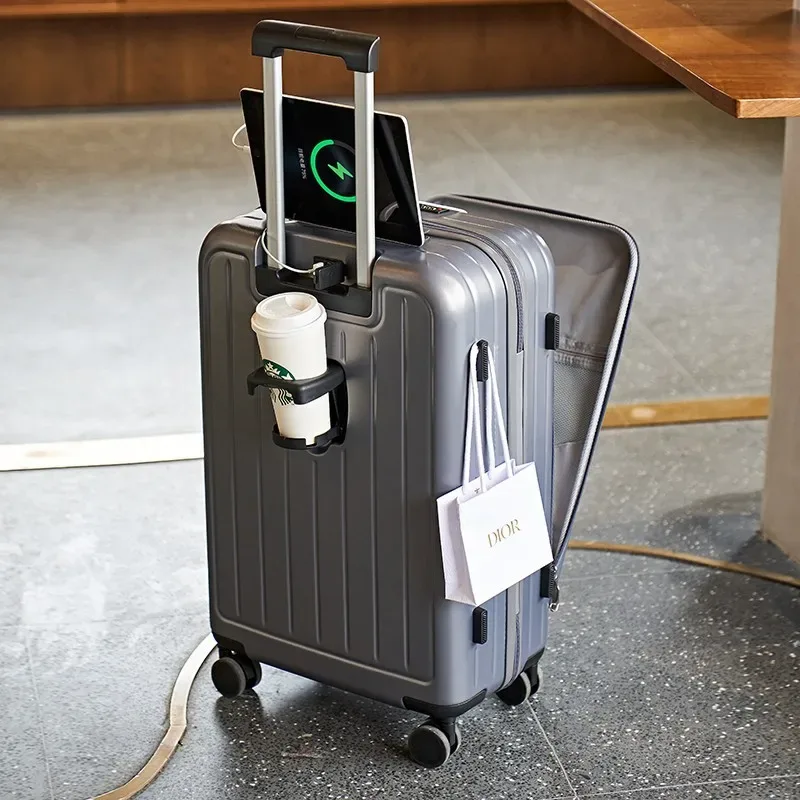valise de voyage multifonctionnelle avec porte-gobelet, couverture ouverte avant, valise à roulettes, boîte d'embarquement, 20 ", 22", 24 ", 26"