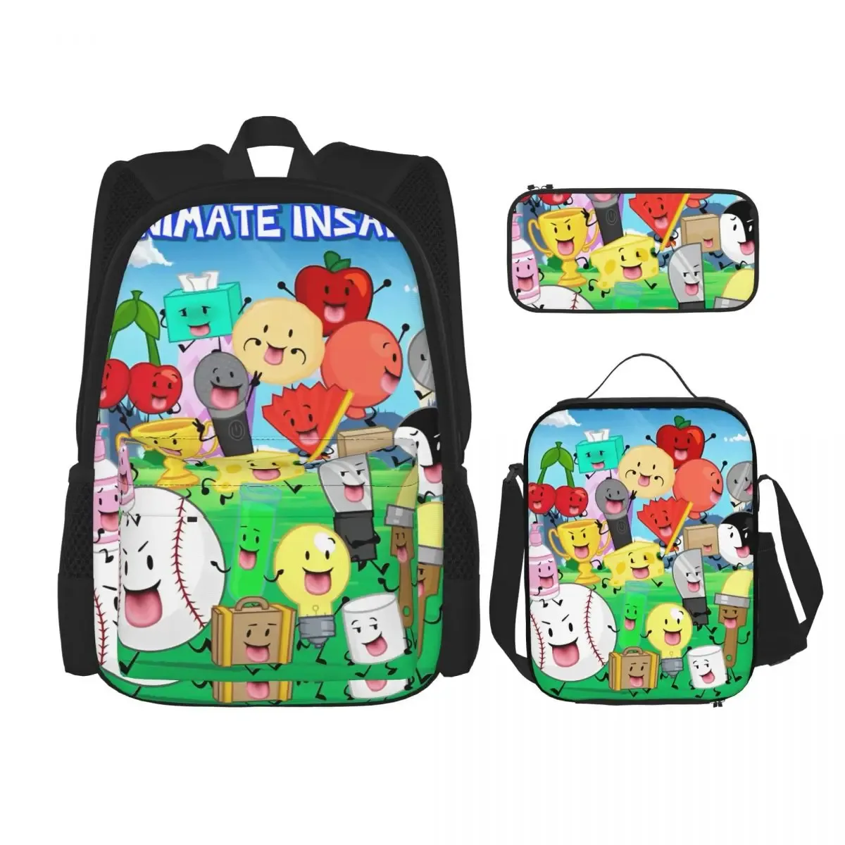 bfdi bfb et tpot bataille pour dream island dessin animé 3pecs/ensemble sac à dos pour adolescent ordinateur portable sac à bandoulière sac à déjeuner trousse à crayons