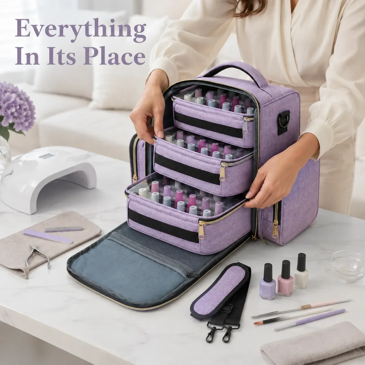Sac de rangement pour outils de manucure, grande capacité, avec trois pochettes amovibles, rangement pour flacons de vernis, pour manucures, cadeau de voyage, beauté
