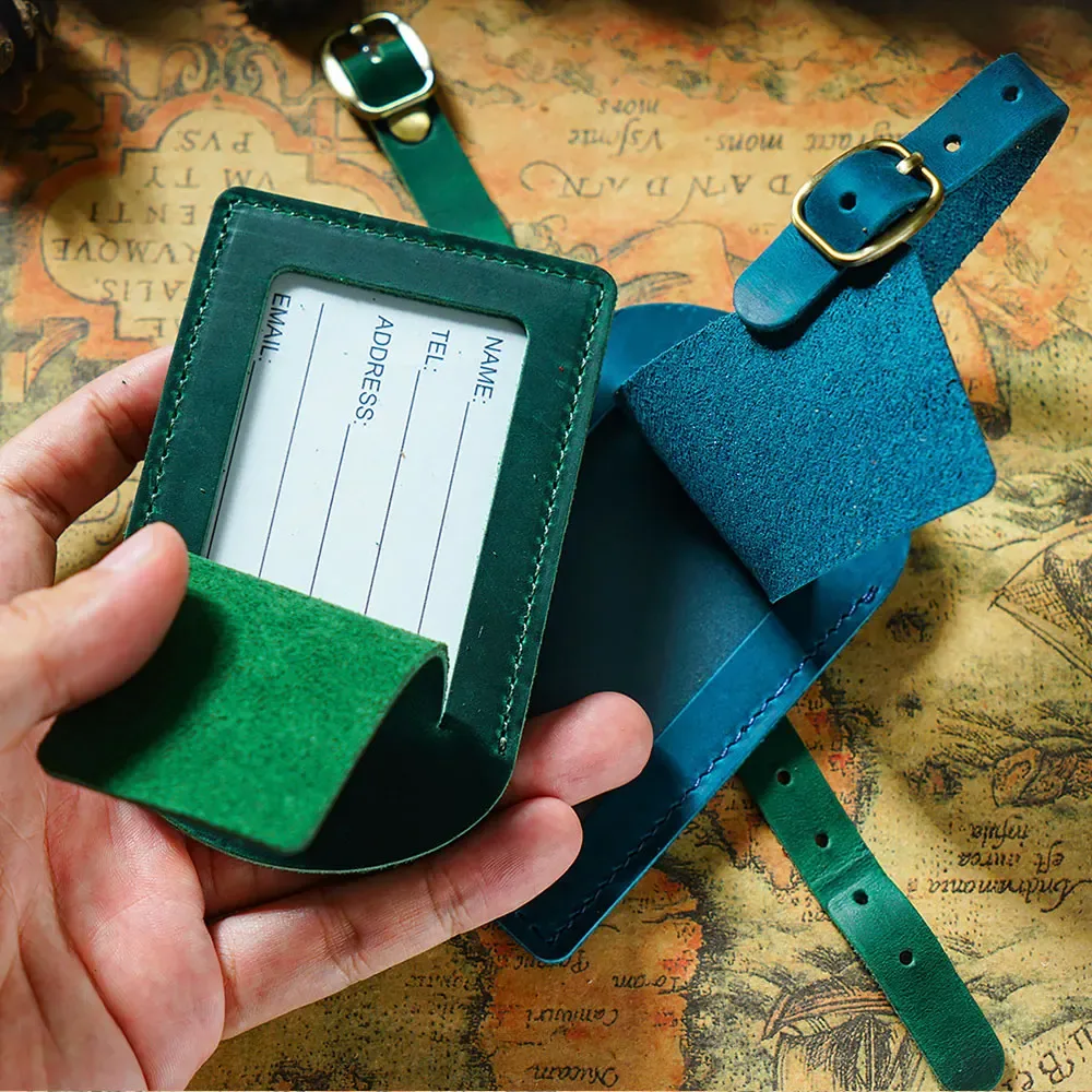 étiquette de bagage en cuir personnalisée avec nom, en cuir de vachette pleine fleur, pour carte d'embarquement et valise, design créatif