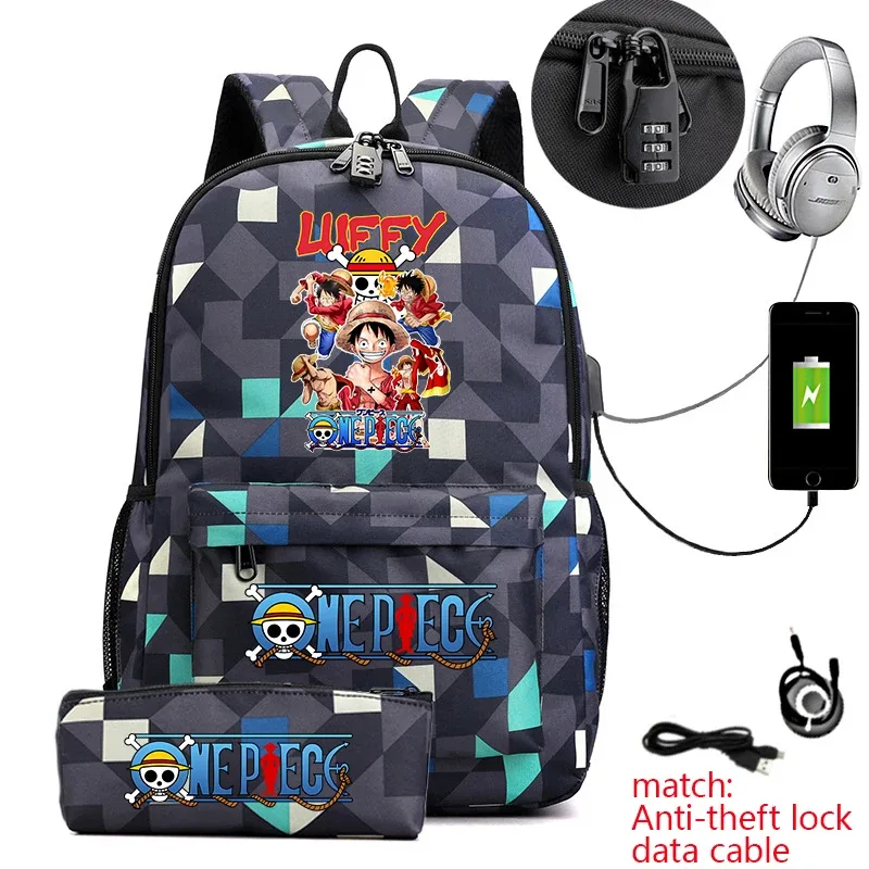Sac à dos d'étudiant imprimé One Piece Luffy, sac d'école décontracté antivol avec trousse à crayons pour garçons et filles