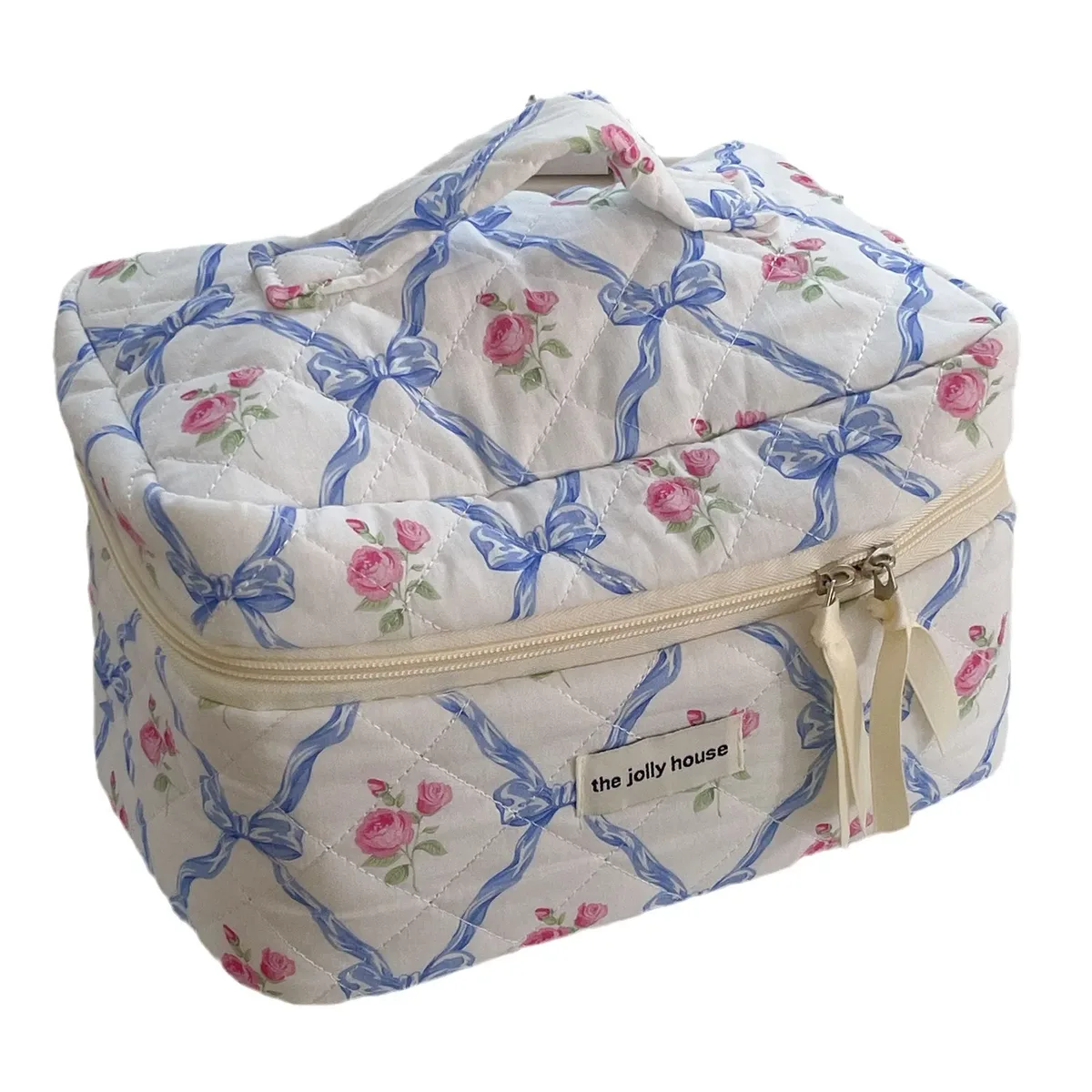 lot de 3 trousses de toilette matelassées à nœuds et motifs floraux, style vintage, grande capacité, souples et portables, pour maquillage et articles de toilette
