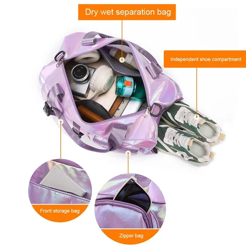 sac polochon glamour holographique – espace et élégant, fourre-tout à bandoulière avec compartiment à chaussures pour les évasions du week-end sans effort –