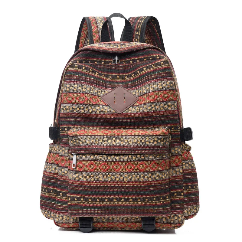 sac à dos de voyage décontracté en coton et lin, style ethnique, grande capacité, unisexe, pour loisirs en extérieur, résistant à l'usure, rayé