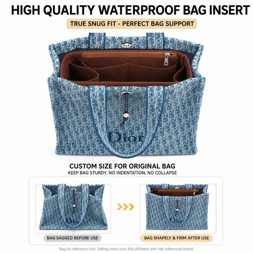 organisateur de sac à main en feutre marron avec poche zippée, doublure multi-compartiments pour sac fourre-tout, pour le travail, les voyages, le rangement (sac non inclus)
