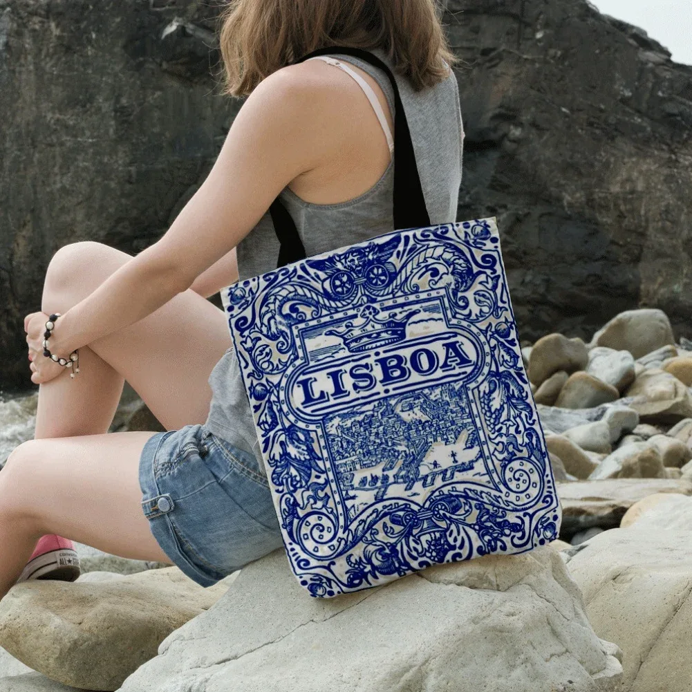 sac fourre-tout en toile motif carreaux de lisbonne bleu et blanc classique, sac à main écologique, cadeau original pour les fans de voyage au portugal