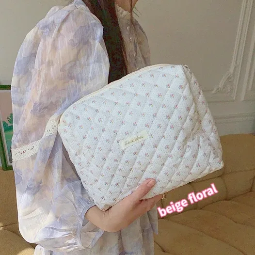 sac de rangement de voyage en coton matelassé pour femmes, sacs à cosmétiques rétro cerise, design mignon, trousse à crayons pour filles, trousse de maquillage, sacs à main
