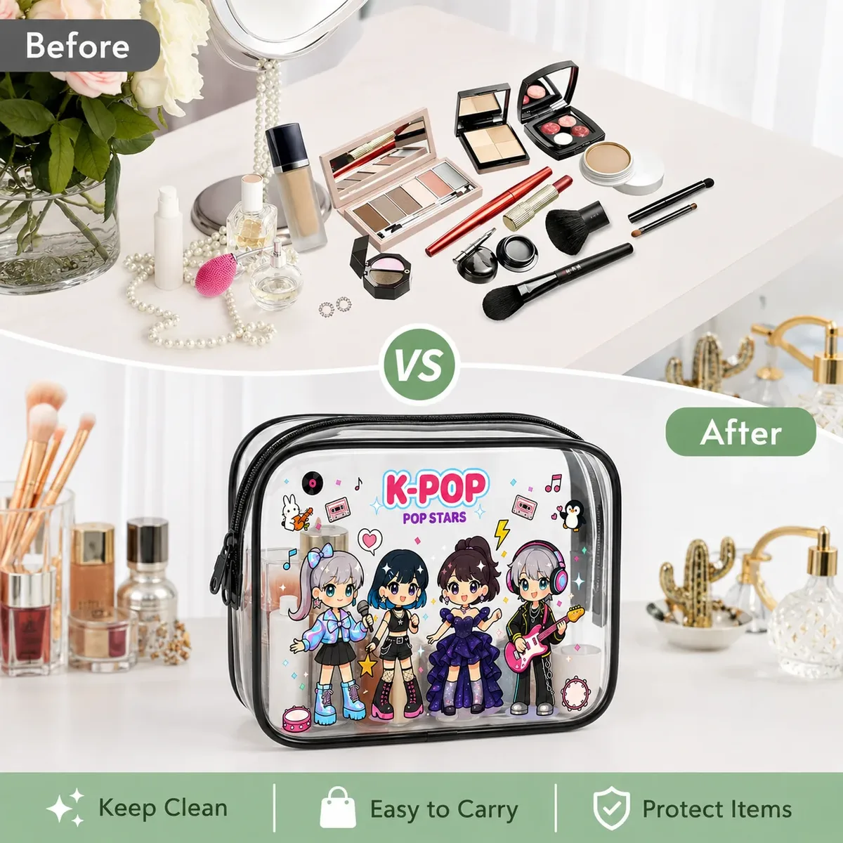 sac à cosmétiques transparent, sac de rangement transparent mignon de style kpop, pour articles de toilette de voyage, organisateur de maquillage, pochette étanche à fermeture éclair