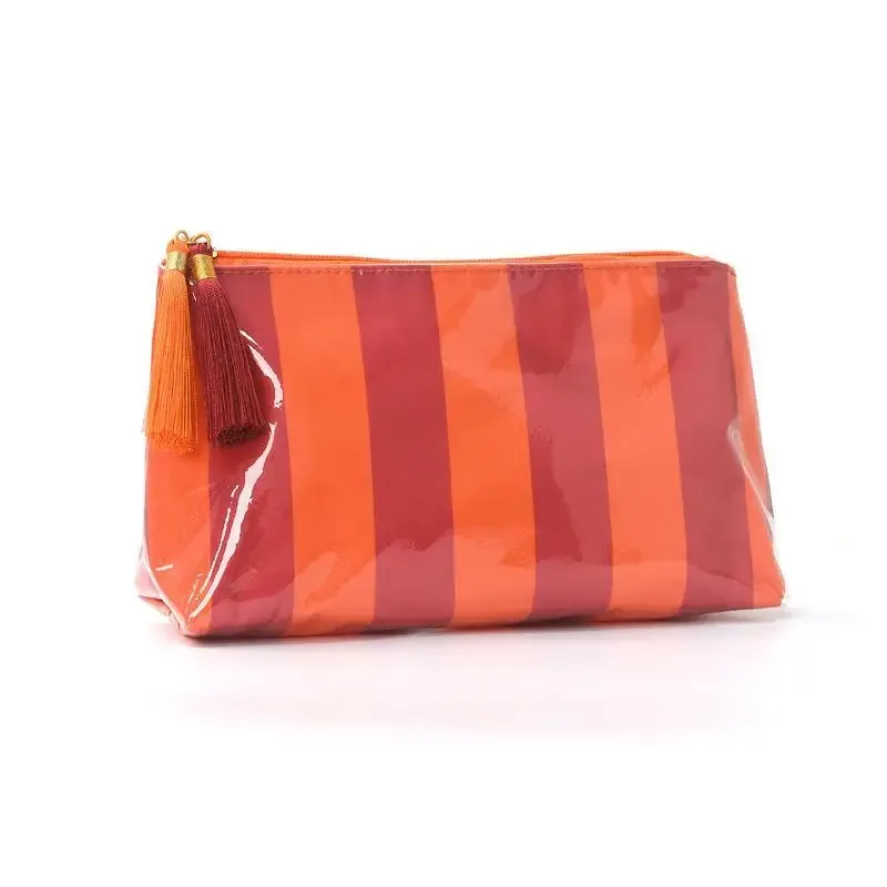 pochette cosmétique rayée en pvc avec franges et fermeture éclair, trousse de toilette imperméable pour voyage, étui pour pinceaux de maquillage