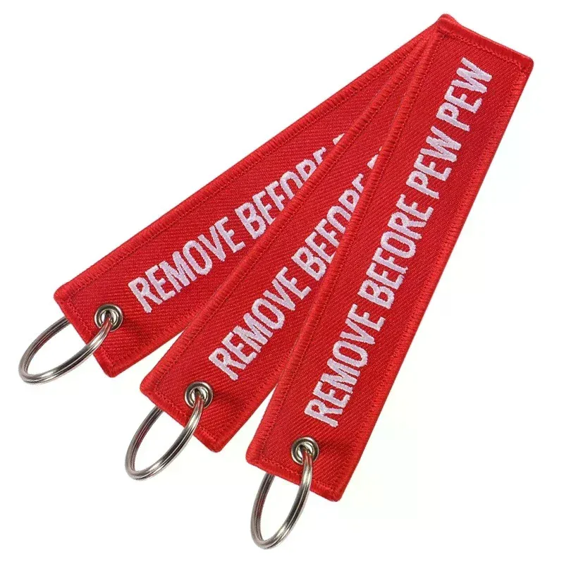 porte-clés remove before pew pew pour motos et voitures, porte-clés pour sac à dos, nouveaux porte-clés brodés