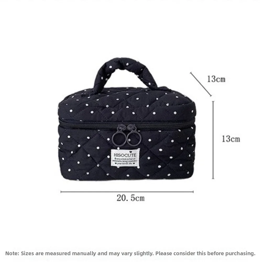 sac de maquillage matelassé à motif à pois kawaii avec poignée, grande capacité, organisateur de toilette de voyage, sac de rangement polyvalent pour femmes