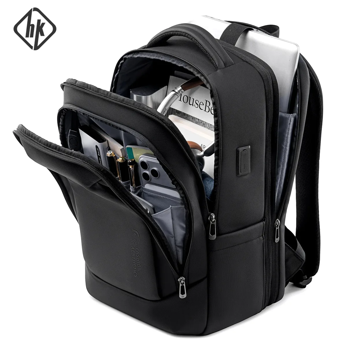 sac à dos d'affaires hk avec port usb, sacs pour ordinateur portable de 17 pouces pour hommes, sac à dos imperméable pour les déplacements quotidiens, sac à dos de voyage de grande capacité pour le bureau