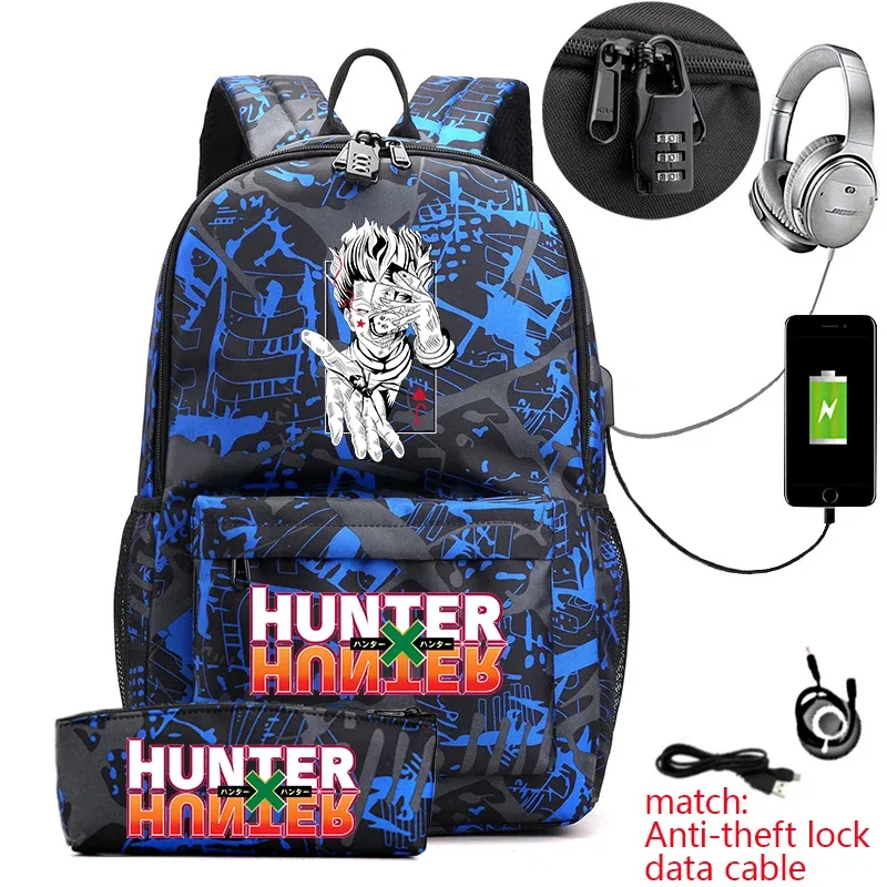 sac à dos hunter x hunter anime pour étudiants, sac à dos antivol décontracté avec trousse à crayons pour garçons et filles, sac d'école