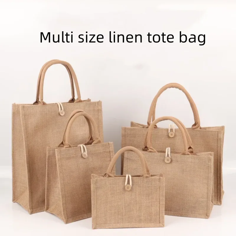 Sac fourre-tout en lin pour femmes, sac à cuillère à soupe de plage en toile de jute, sacs à main portables, sac à provisions à poignée supérieure, grand, simple initié, sac à main multiple