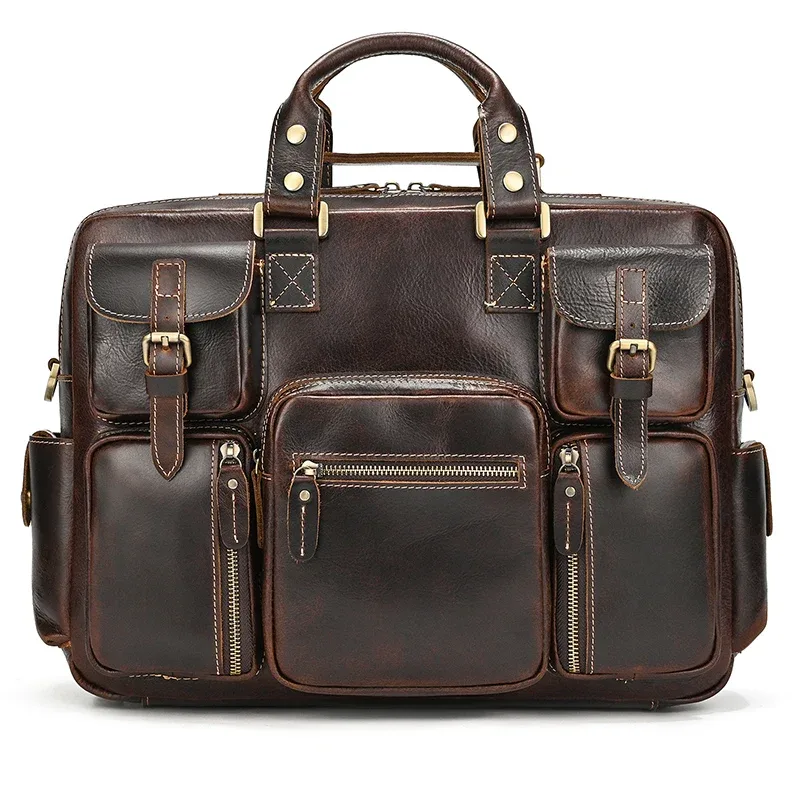 serviette vintage en cuir de cheval fou pour hommes, grand ordinateur portable, sac d'affaires en cuir véritable, fourre-tout de travail, sac de voyage, sacoche en cuir de vache