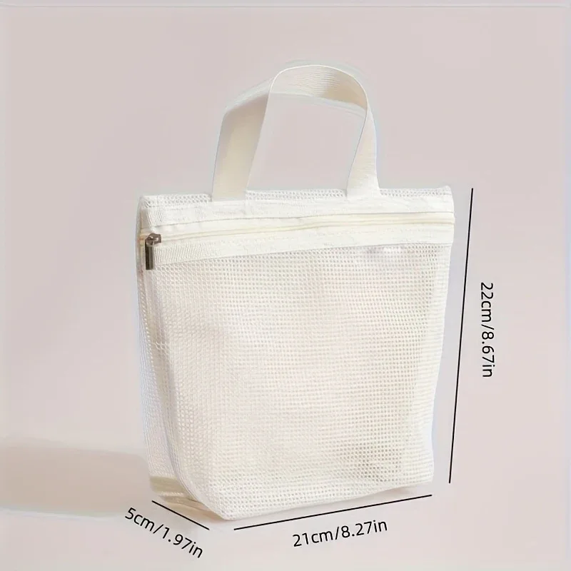 sac de rangement en maille portable pour sacs à main, design ajouré pour le bain, l'égouttage, les articles de toilette, les voyages, la natation, le maquillage.