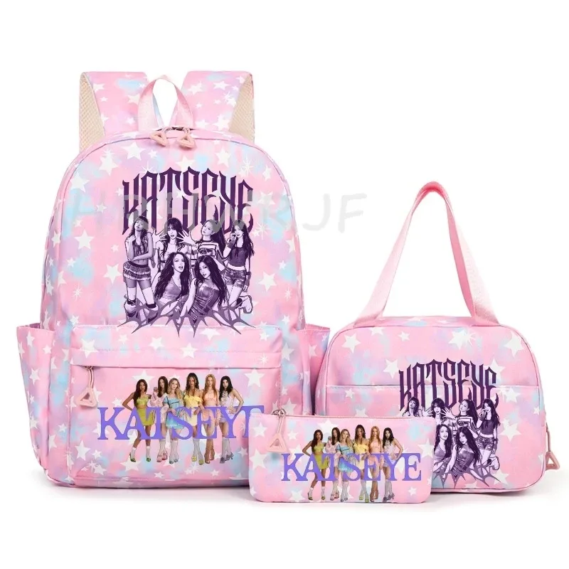 sac à dos katseye à thème musical, 3 pièces, imprimé étoiles roses, cartable amusant pour adolescents, étudiants, femmes, sac à dos pour ordinateur portable, sac de voyage mochila