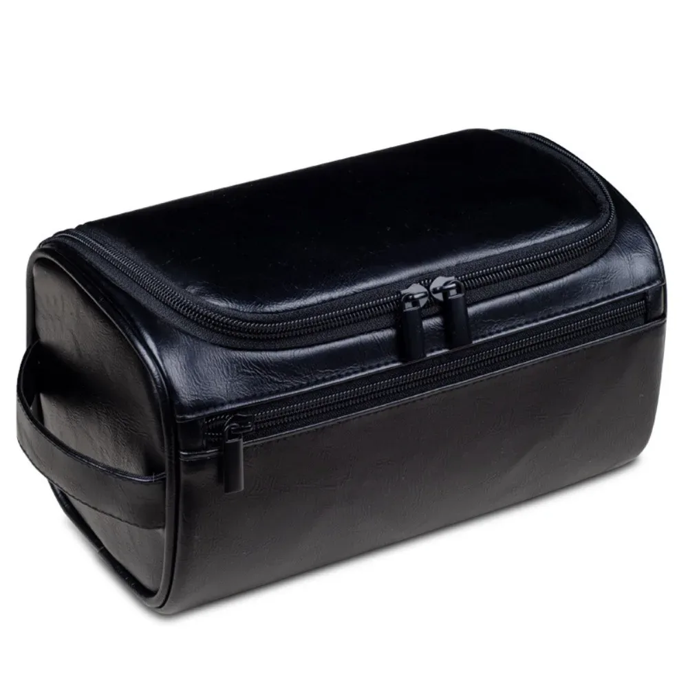 sac de toilette pour homme en cuir pu avec poignée, sac de rangement cosmétique imperméable, grande capacité avec crochet de suspension, trousse de maquillage de voyage
