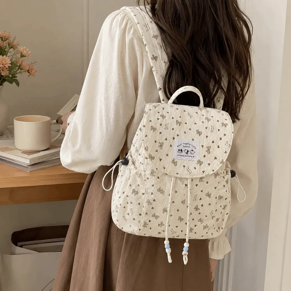 sac à dos léger en velours côtelé à imprimé nœud papillon, grande capacité, décontracté, avec cordon de serrage, polyvalent, design simple, pour les voyages courts