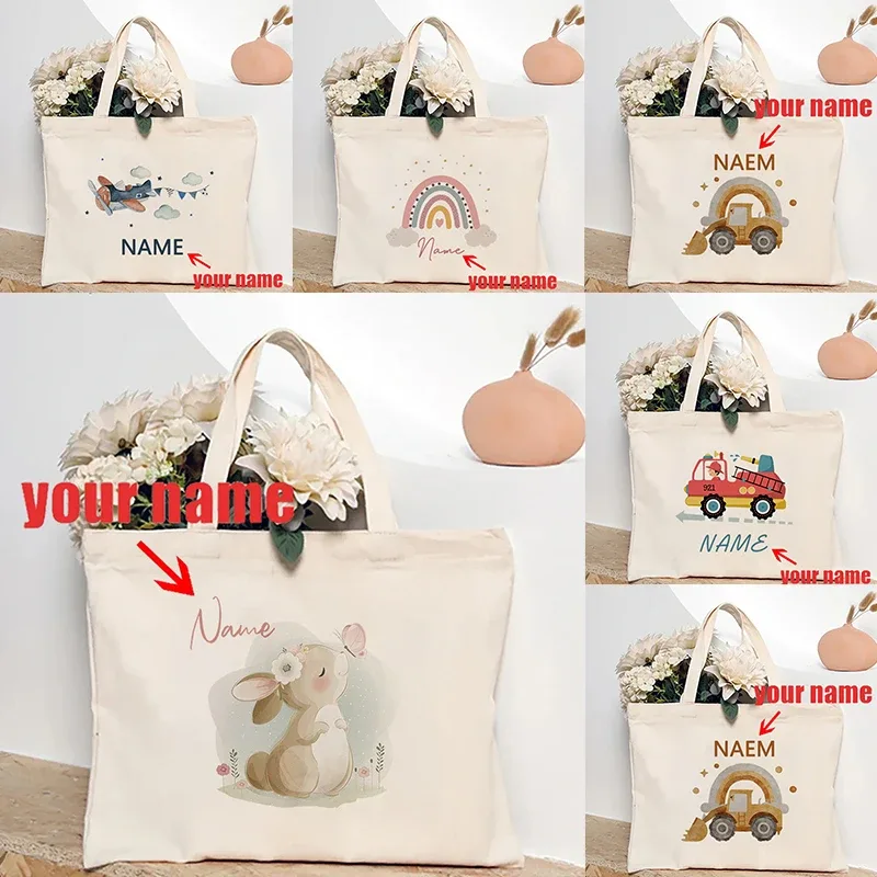 sac fourre-tout en toile personnalisé pour enfants, sac à bandoulière avec nom personnalisé, imprimé lapin arc-en-ciel, cadeau pour enfants, rentrée scolaire