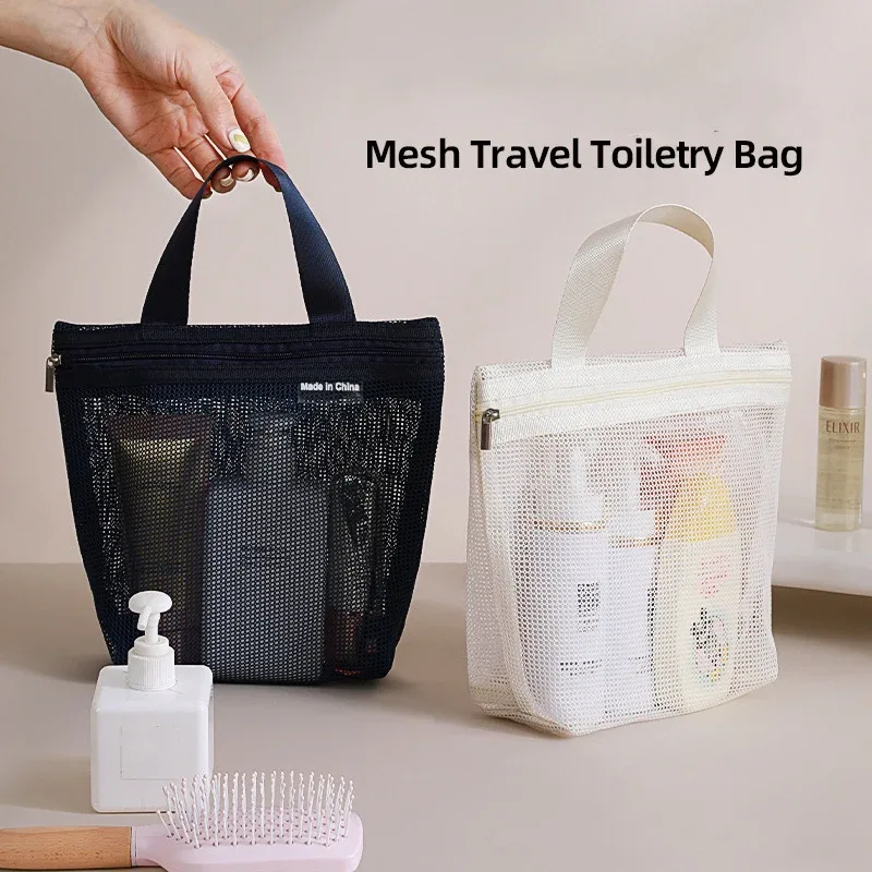 sac de voyage portable en maille transparente, sac de rangement de grande capacité, trousse de toilette, poche
