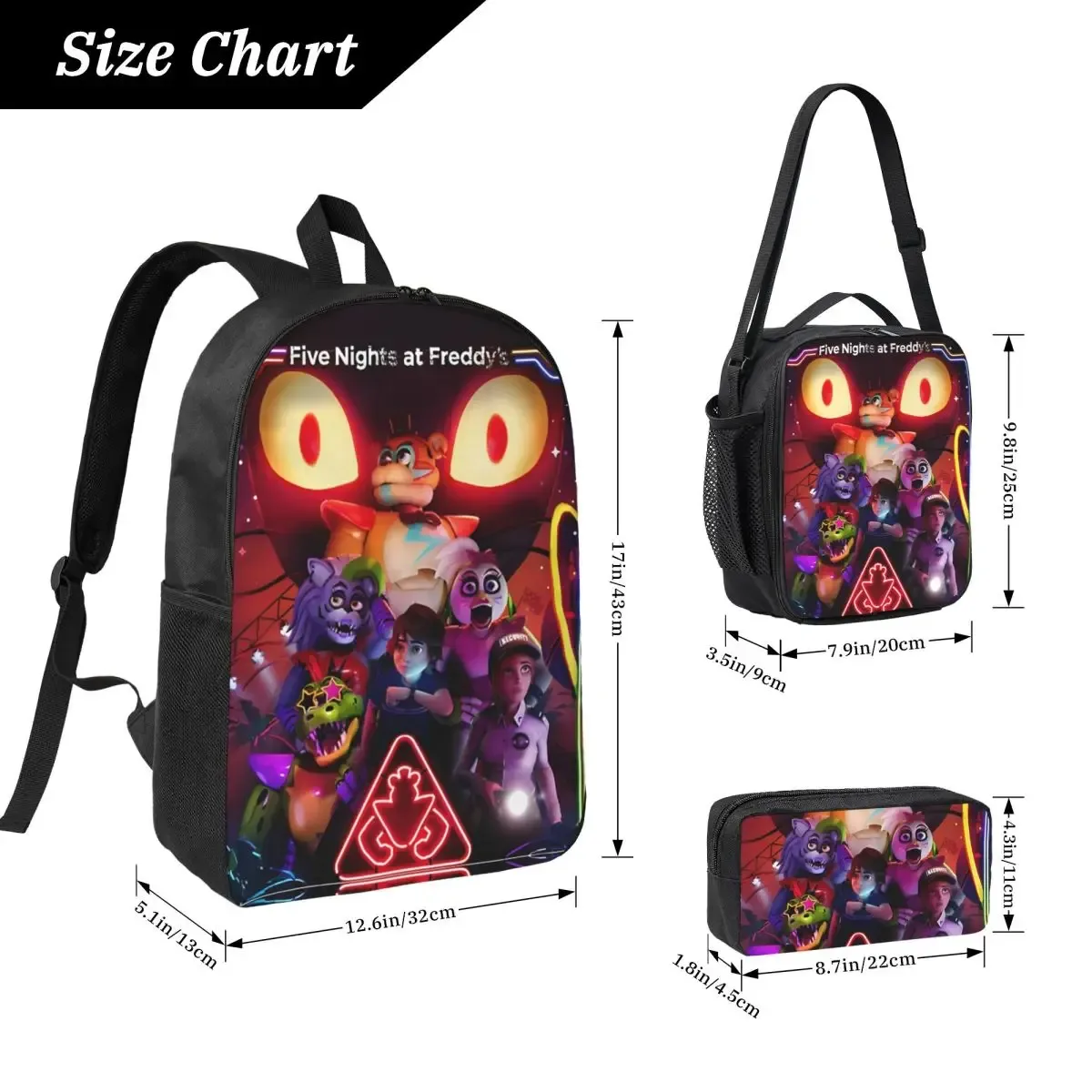 film fnaf 3pecs/ensemble sac à dos pour jeu adolescent sacs en toile sac à déjeuner trousse à crayons