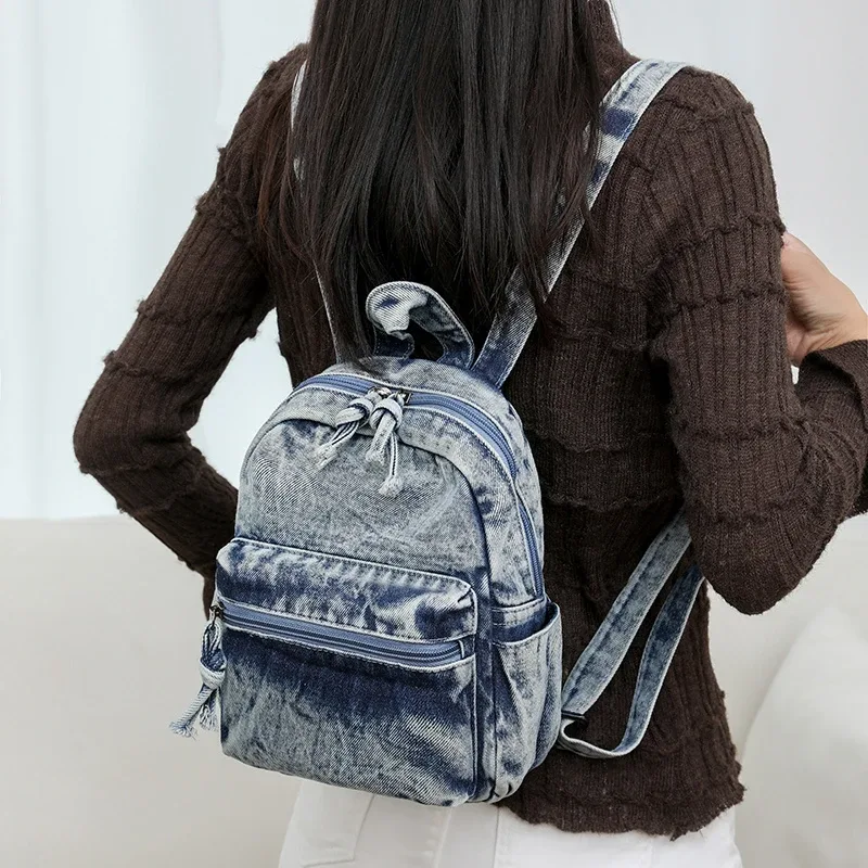 sacs à dos en denim délavé pour femmes, petits sacs de loisirs ou de voyage, style preppy, petits sacs à dos en toile, sacs de livre grill, mode