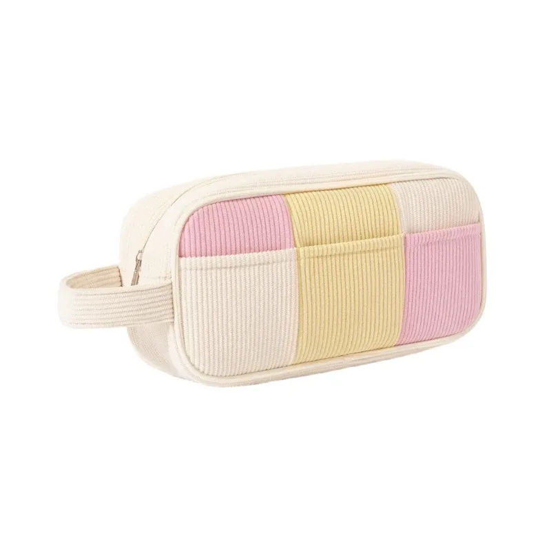 sac à maquillage minimaliste en velours côtelé, grande capacité, sac de rangement pour cosmétiques de voyage, trousse de maquillage pour femmes