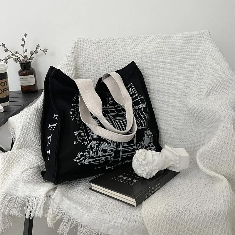 femmes toile sac à bandoulière café maison sacs à provisions noir épais coton sac à main étudiant livres fourre-tout femme shopper tissu sac à main