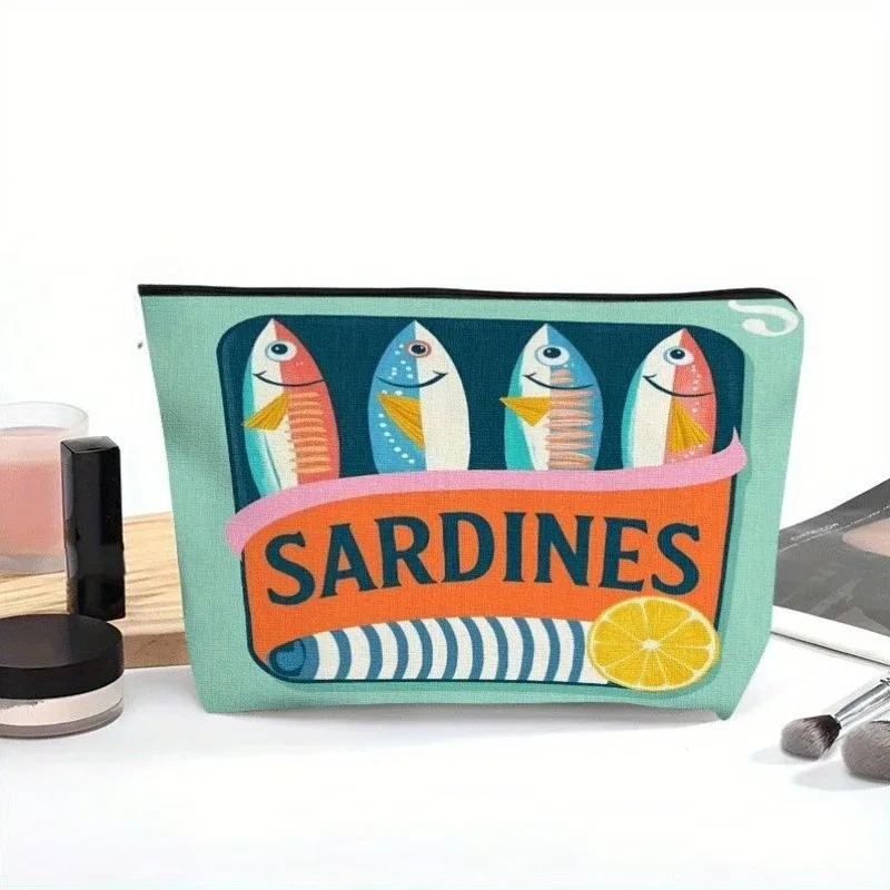 sac de maquillage à motif de sardines ludiques, pochette de rangement de cosmétiques de voyage légère avec fermeture à glissière, design chic décontracté unisexe
