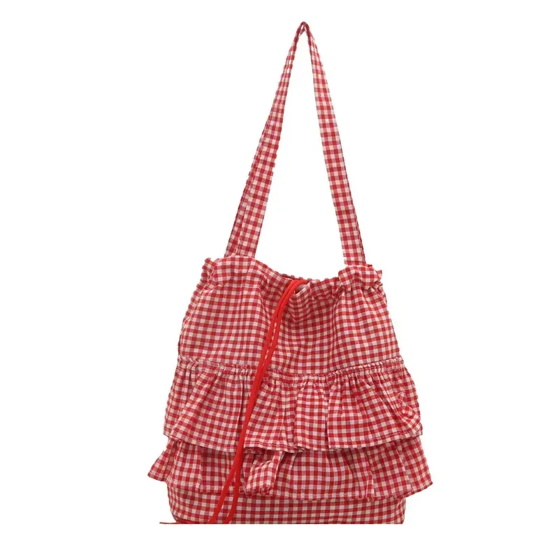 sac fourre-tout pour femme, à volants, à carreaux, avec cordon de serrage, sac à main en toile tendance, grande capacité, sacs coréens, bolsos de mujer