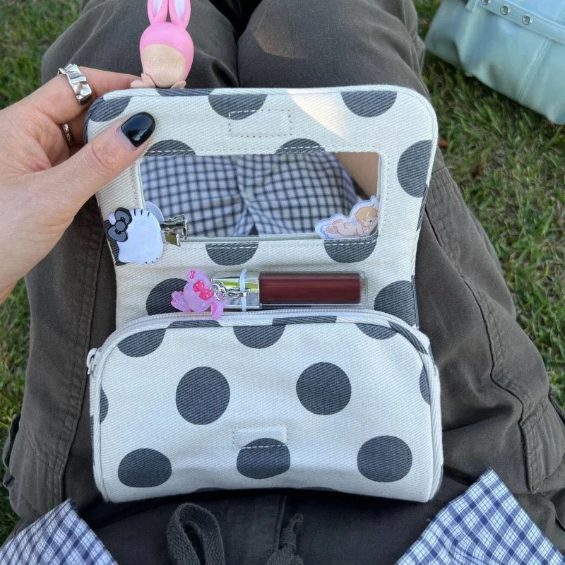 pochette cosmétique rose rayée tendance avec miroir, trousse de maquillage à pois pour femme, sac de rangement portable pour rouge à lèvres et articles de toilette de voyage