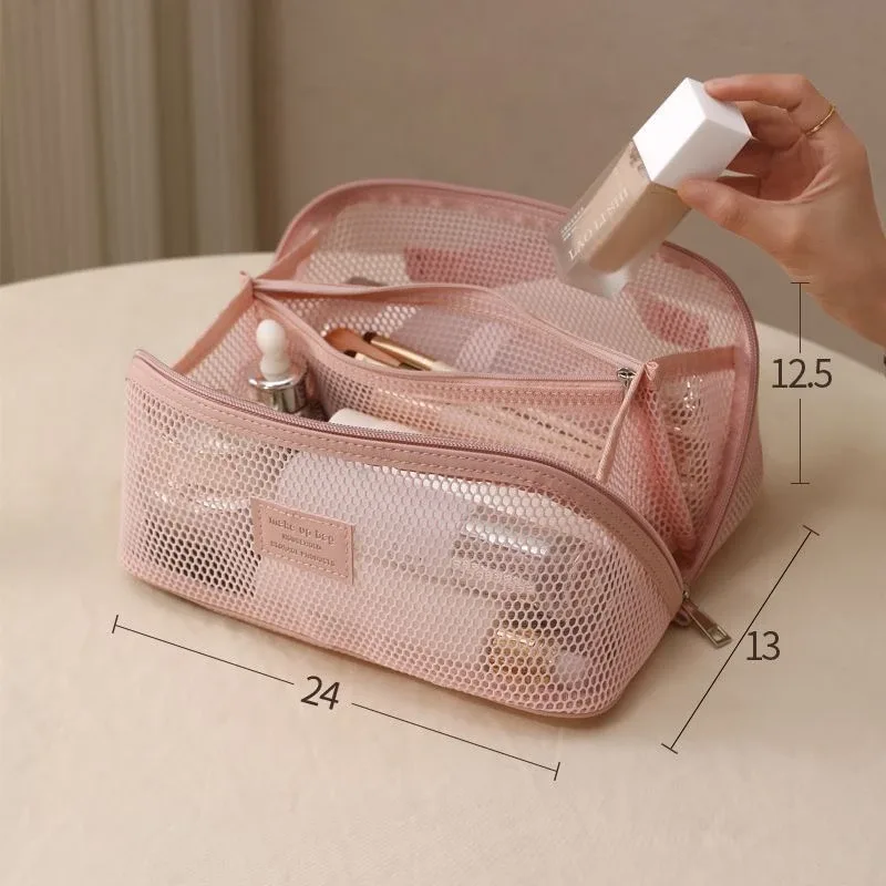 Sac de voyage en maille de luxe léger, grande capacité, compartiments de rangement, portable, pour produits de soin de la peau et articles de toilette