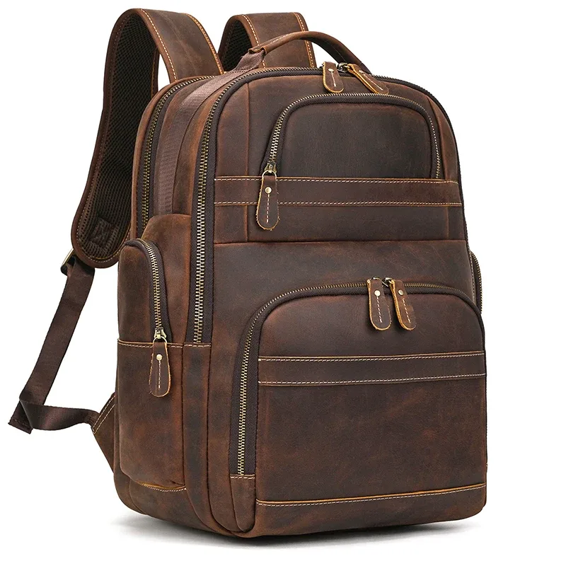 Sac à dos pour ordinateur portable haute capacité sac de voyage en cuir véritable pour hommes sacs à dos en cuir de cheval fou livraison directe sac d'école grand