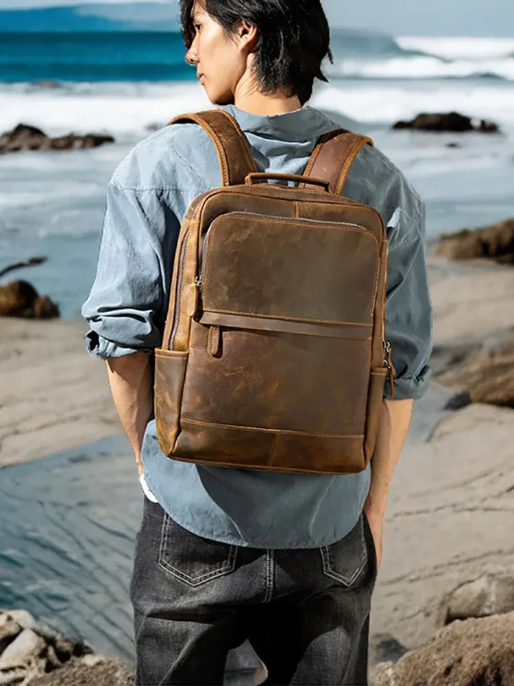 NASVA-Sac à dos en cuir véritable pour homme, sac rétro, sac de randonnée, sac d'école, sac de voyage, sac pour ordinateur portable, 15.6 pouces