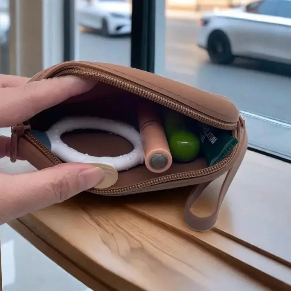 sac à cosmétiques ovale en silicone, pochette de rangement multifonctionnelle de grande capacité, sac de rangement étanche pour écouteurs, portefeuille porte-monnaie