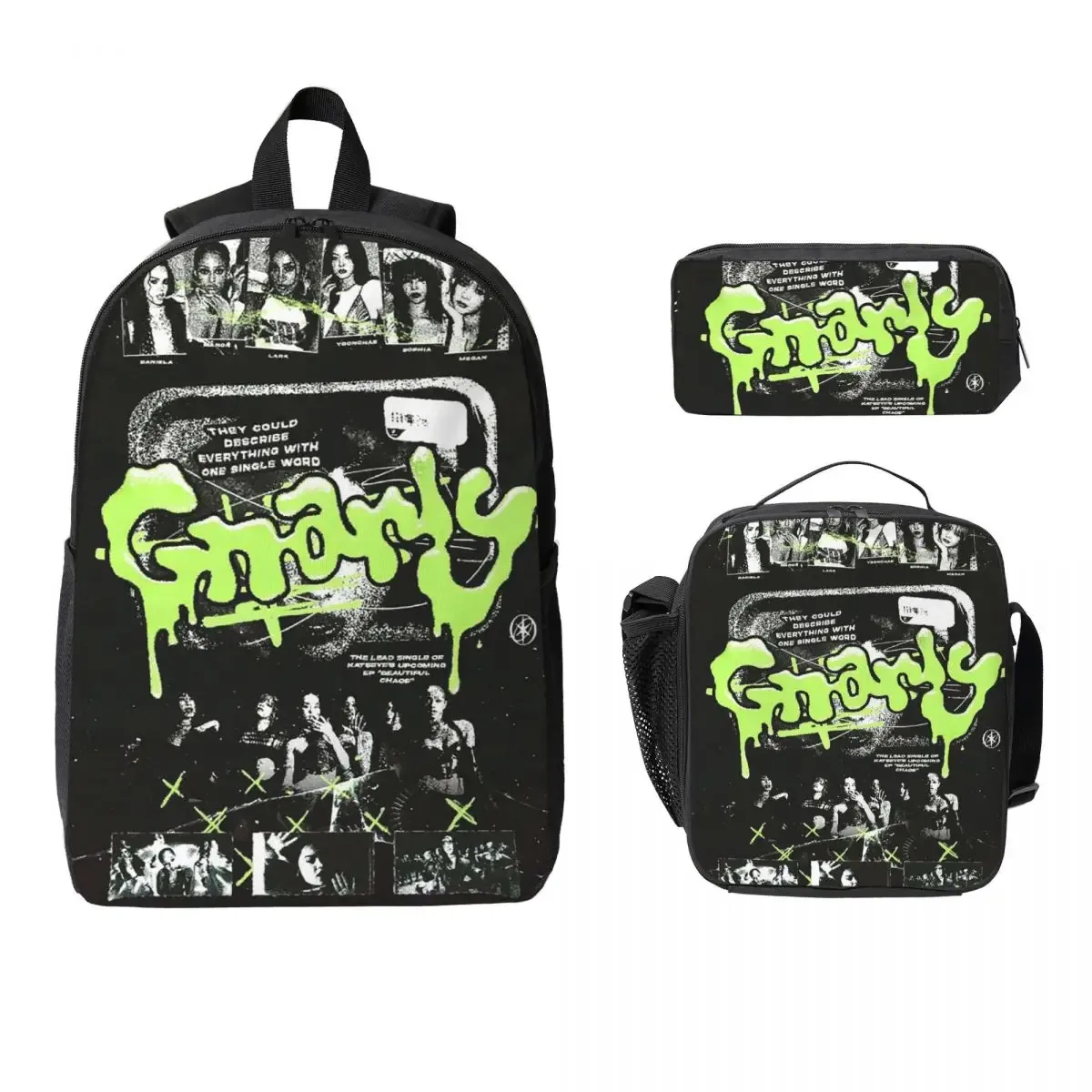 sac à dos katseye gnarly de style coréen pour garçons et filles, sac d'école, sac à bandoulière pour ordinateur portable, 3 pièces, sac à lunch isotherme, trousse à crayons