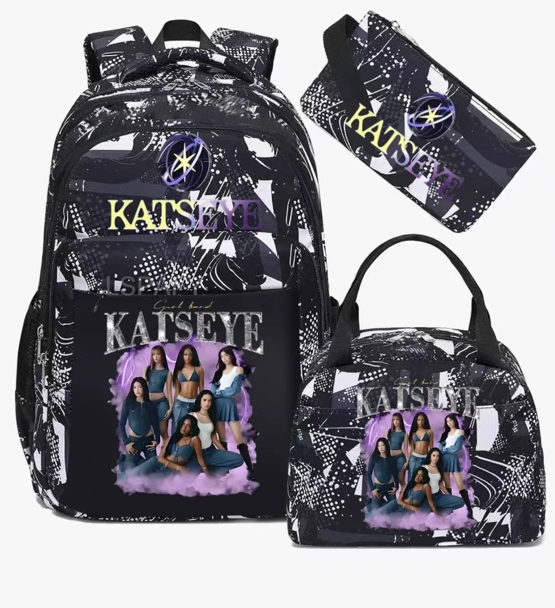 sacs d'école imprimés fashion katseye, ensemble de 3 pièces, sac à dos pour l'école primaire, garçons et filles, sac à dos de sport avec sac à lunch et trousse à crayons