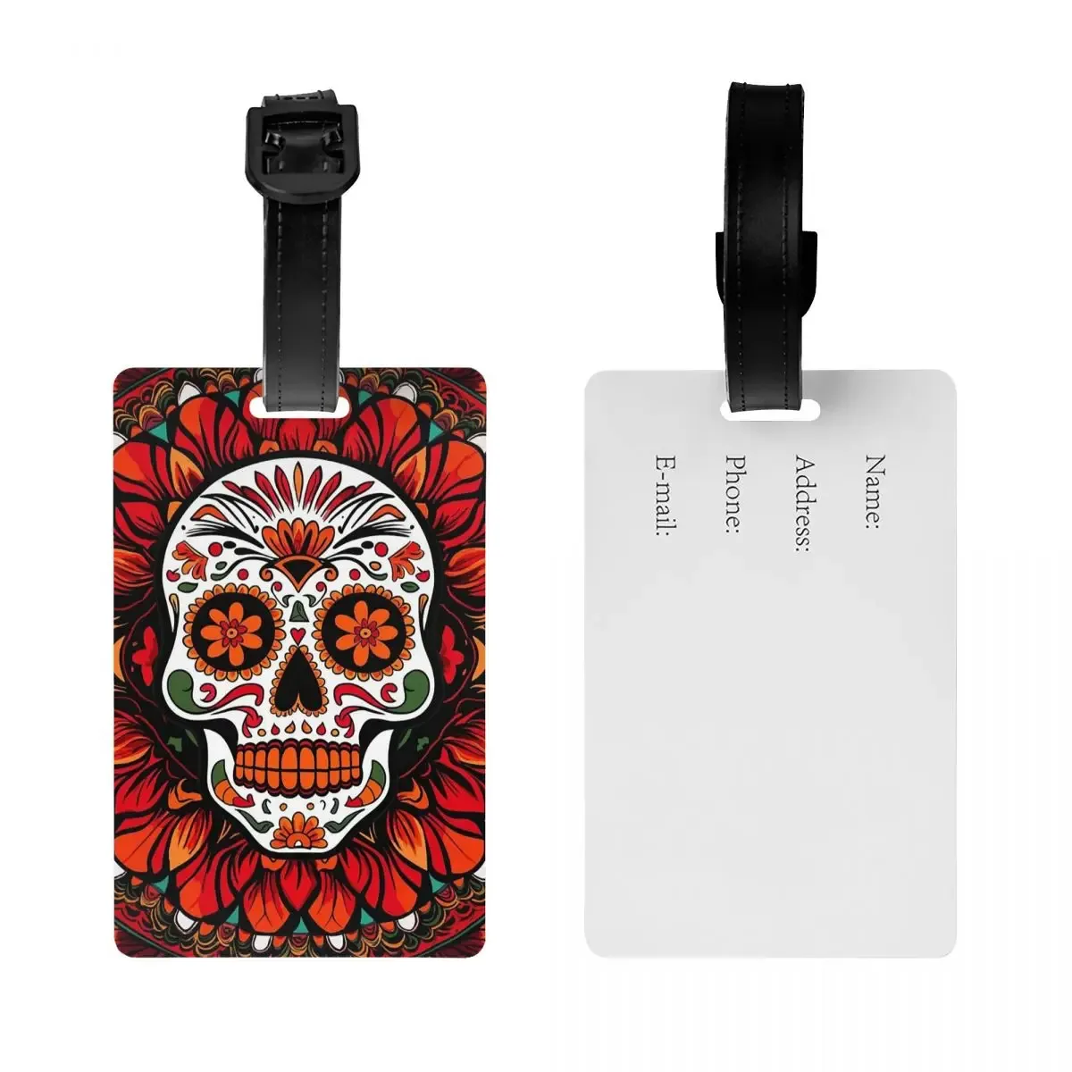 étiquettes à bagages avec illustration de crâne mexicain calavera, accessoires pour valises, étiquette de bagage de voyage, porte-étiquette d'embarquement, porte-nom, adresse