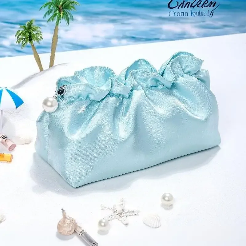 sac de maquillage portable en polyester, forme nuage, fermeture à cordon, pochette cosmétique, surface brillante, grande capacité, organisateur de voyage quotidien