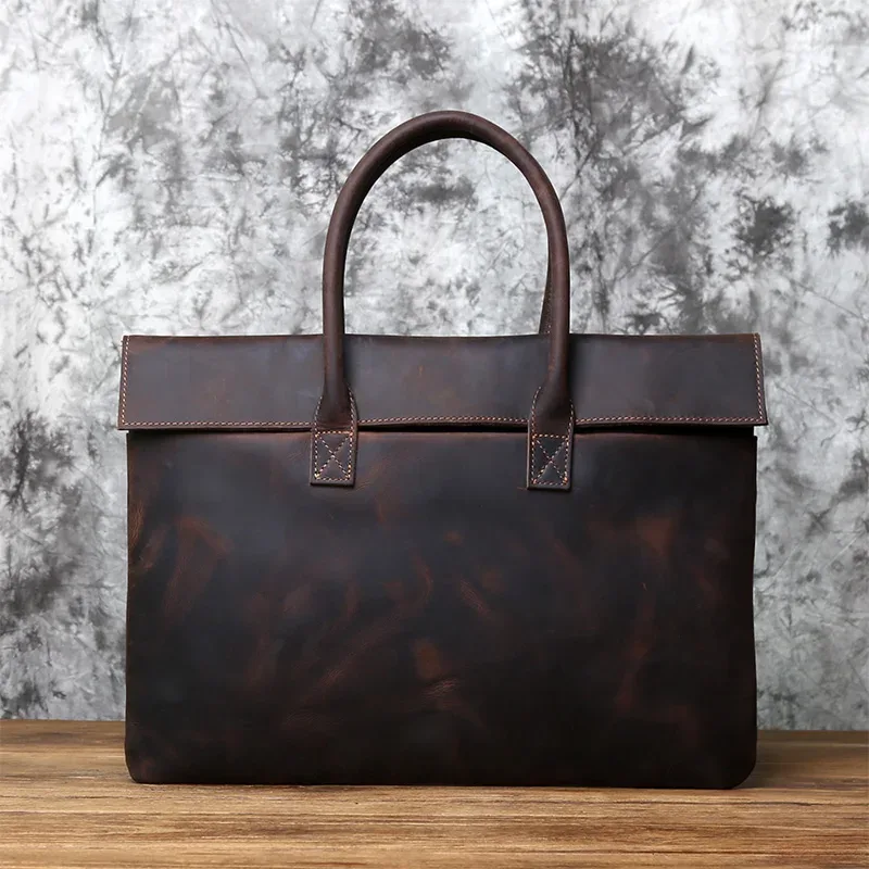 nzpj – mallette rétro en cuir pour hommes, sac à main décontracté, couche supérieure en peau de vache, sac d'affaires pour tablette, pochette fine pour ordinateur portable 16 pouces