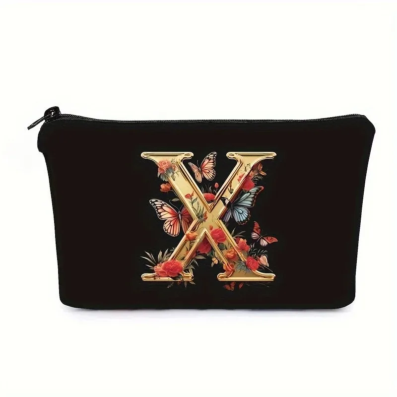trousse de maquillage noire avec imprimés de 26 lettres de l'alphabet anglais, pochette à cosmétiques, sacs de rangement multifonctionnels