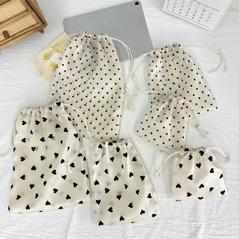 1 pièce sac de rangement portable de voyage, motif à pois et cœurs, sac de rangement à cordon, sac écologique, sac à cosmétiques