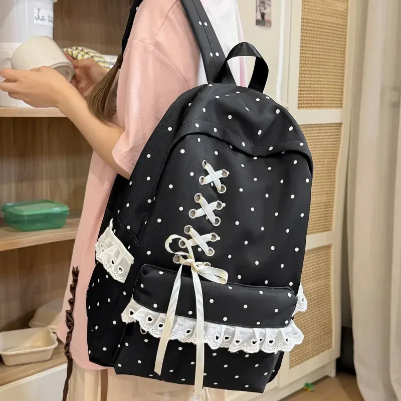 sac à dos en dentelle à pois, grande capacité, souple et élégant, avec compartiments, sacs à dos légers et mignons, sacs pour le soutien scolaire quotidien