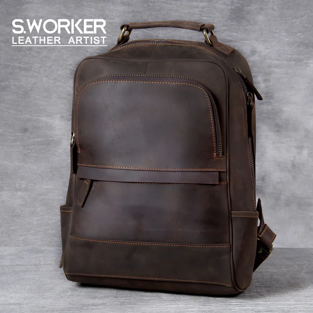 S.WORKER Vintage véritable cuir de vachette sac à dos hommes grand sac à bandoulière pour ordinateur portable voyage classique Vintage Crazy Horse sac d'école