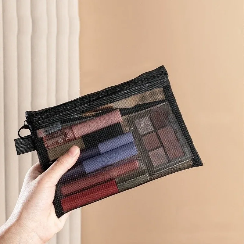 lot de 3 trousses de toilette transparentes en maille, légères et portables, pour maquillage et rangement, noires